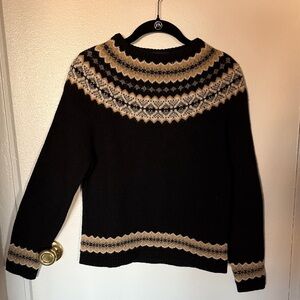 Eddie Bauer 100% Wool Black and Tan Fair Isle Women's Sweater